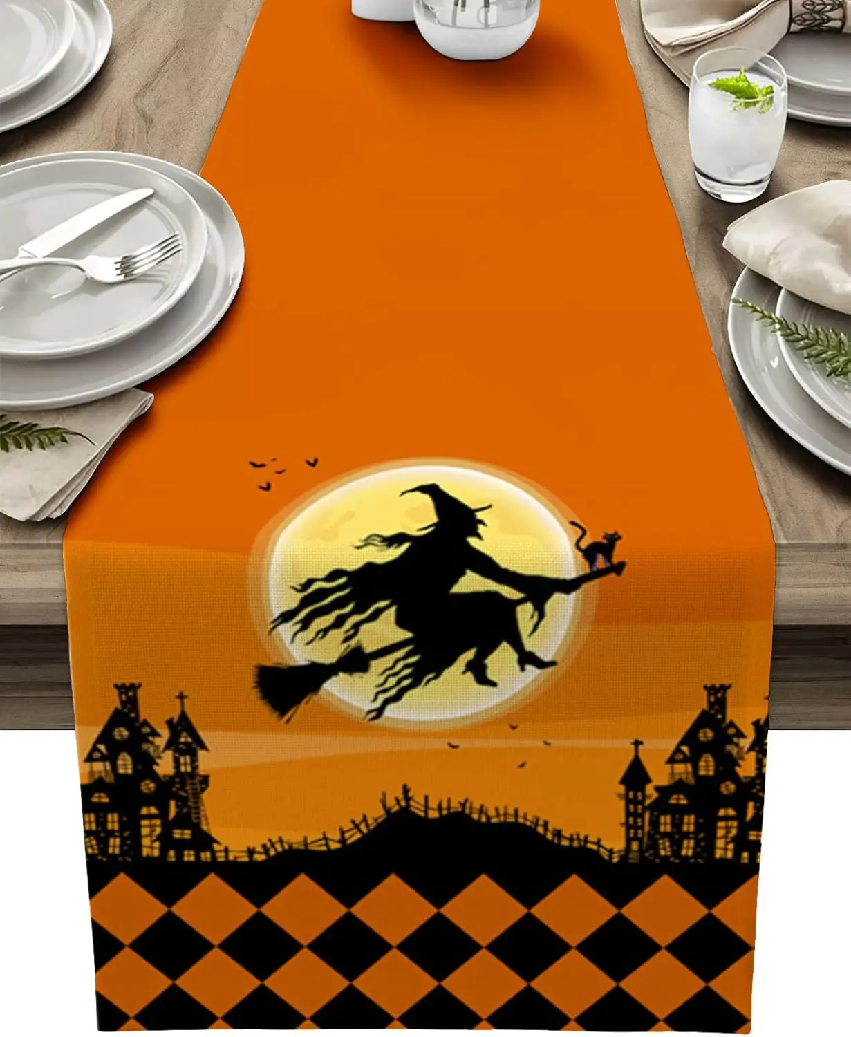 Halloween Witch Castle Linen Table Runner Holiday Party Decor Farmhouse Kitchen Dining Table Runner Halloween Decorations 2025