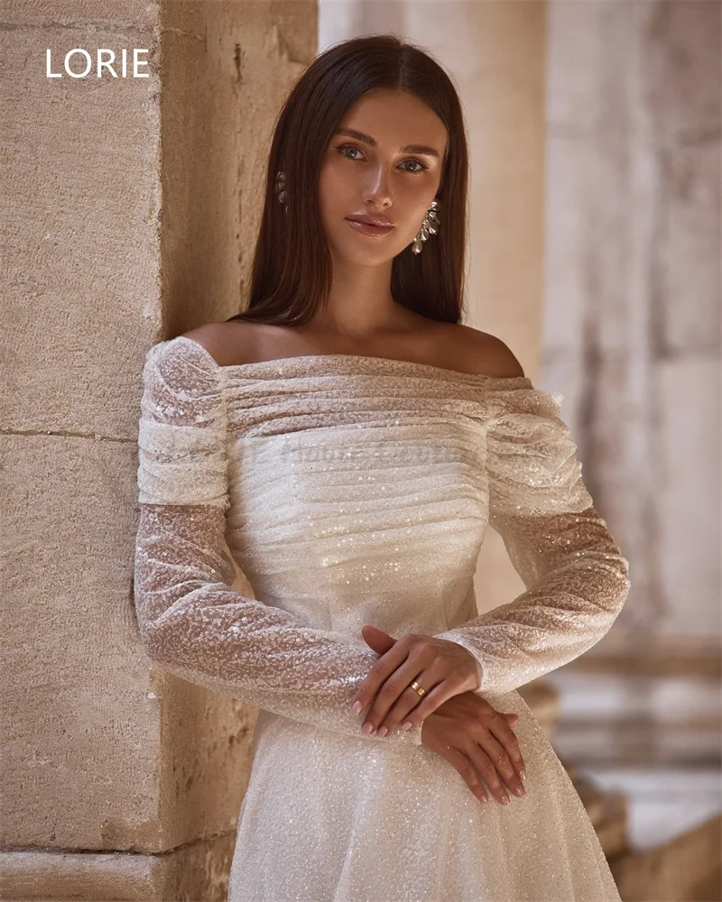 LORIE فساتين زفاف مثيرة لامعة على شكل حرف a بدون أكتاف دانتيل مزينة بربطة عنق فستان زفاف بدون ظهر فساتين زفاف مخصصة 2025