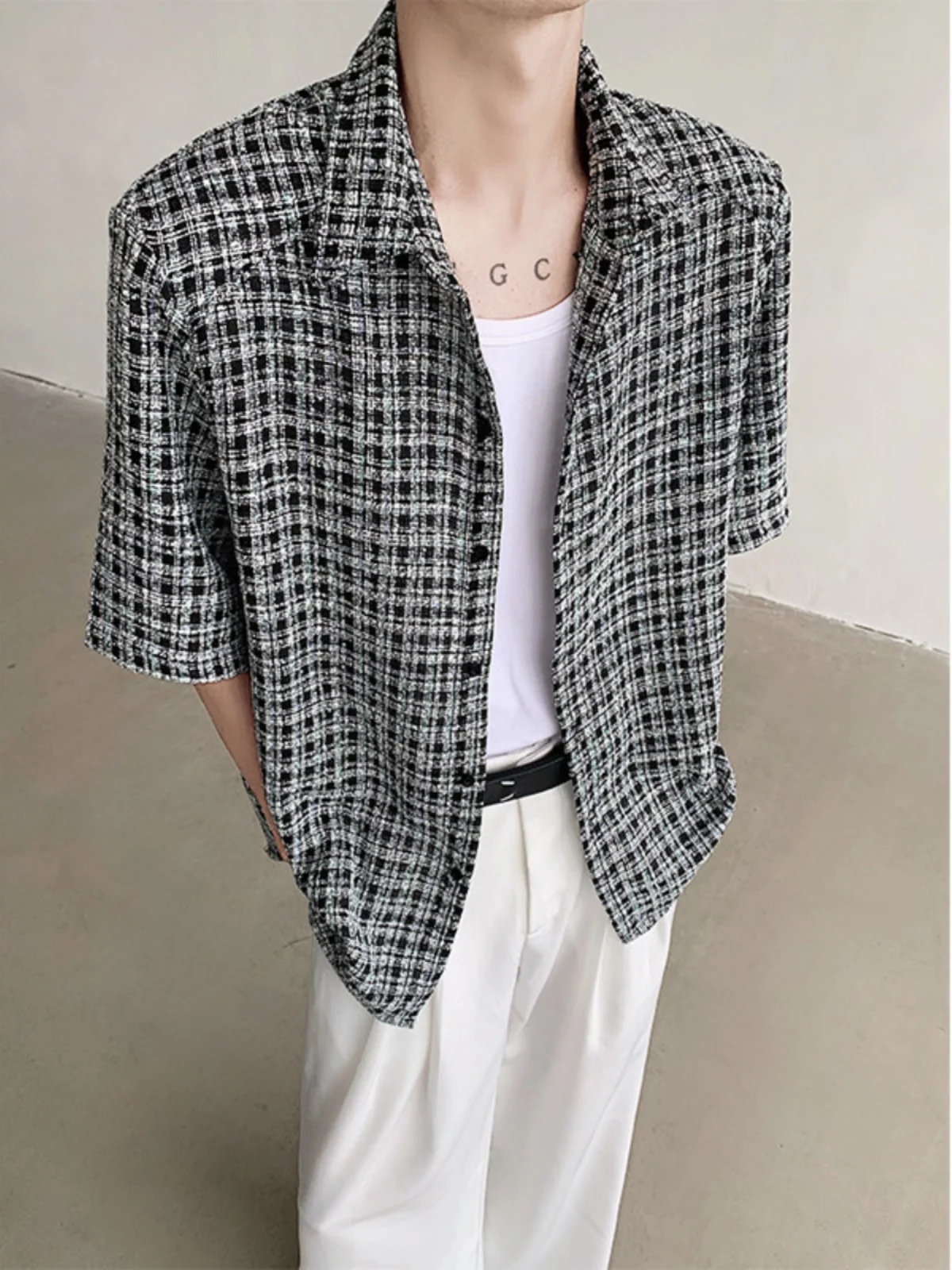 

Preppy Plaid Short Sleeve Shirt Men's Summer High-End Trendy Brand Handsome Model OOTD Shoulder Pad Shirt Breathable Moisture...