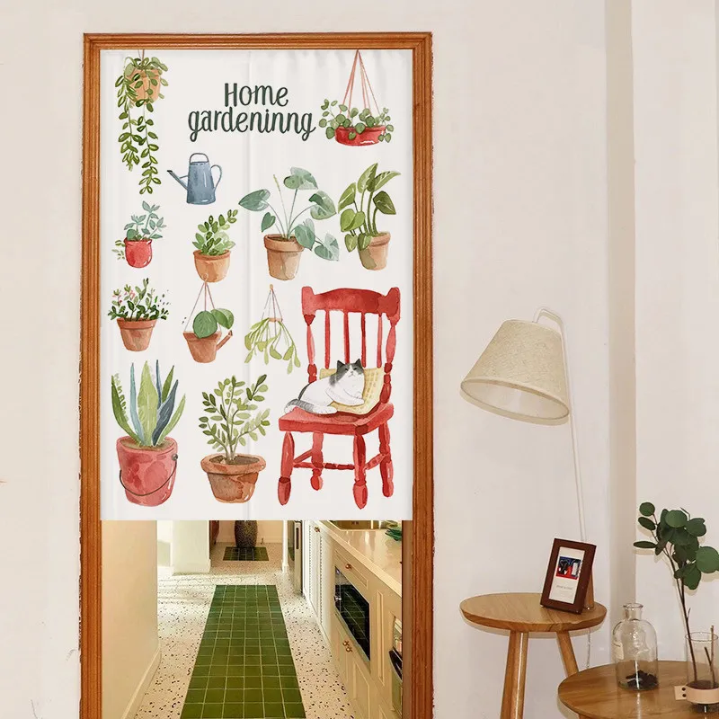 VIKAMA Green Plant Potted Noren Door Curtain, Botanical Print Partition Hanging Curtain Kitchen Bedroom Home Decor