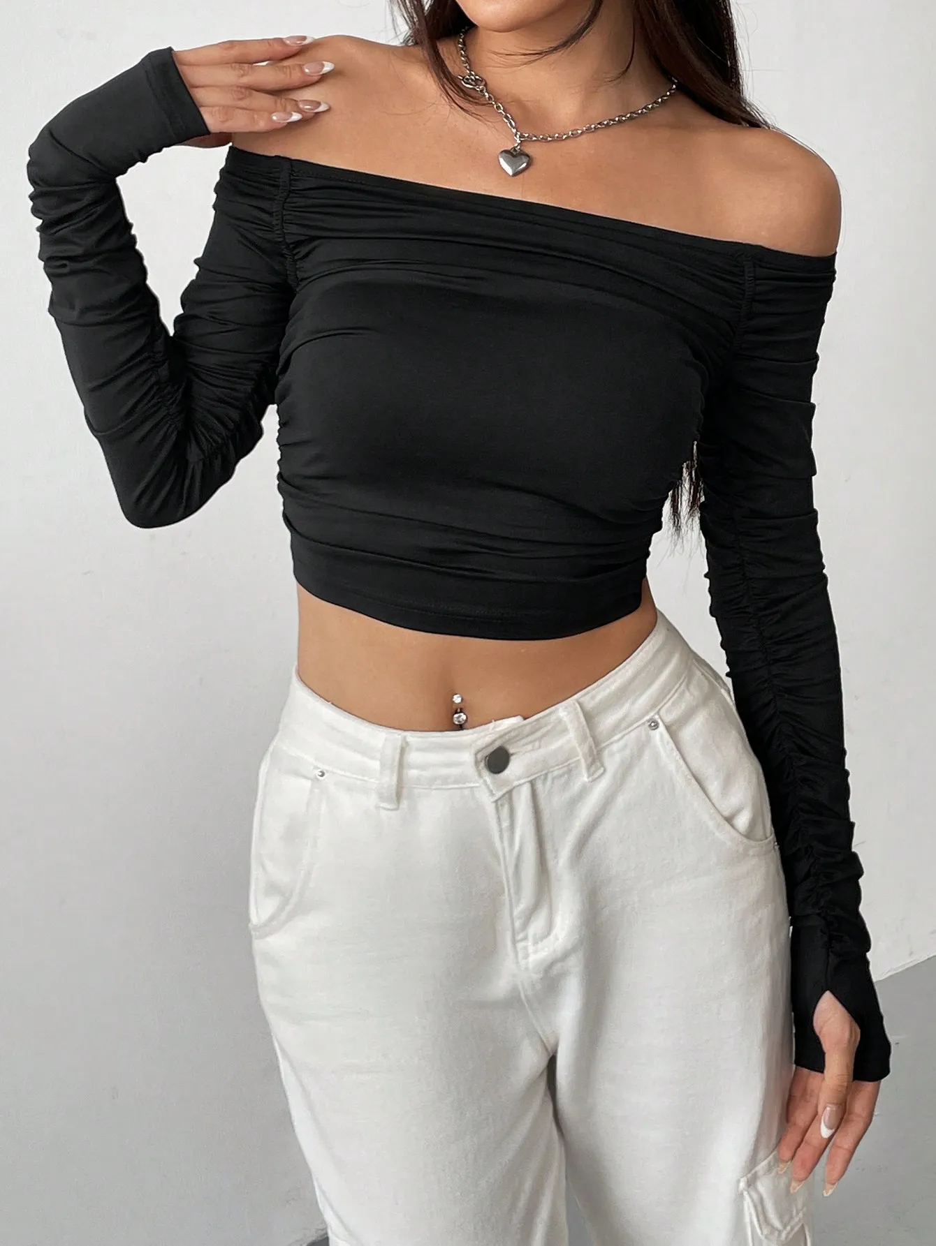New line shoulder mesh long sleeve T-shirt women with slim-fit hottie sexy explosion street wear short top image 4