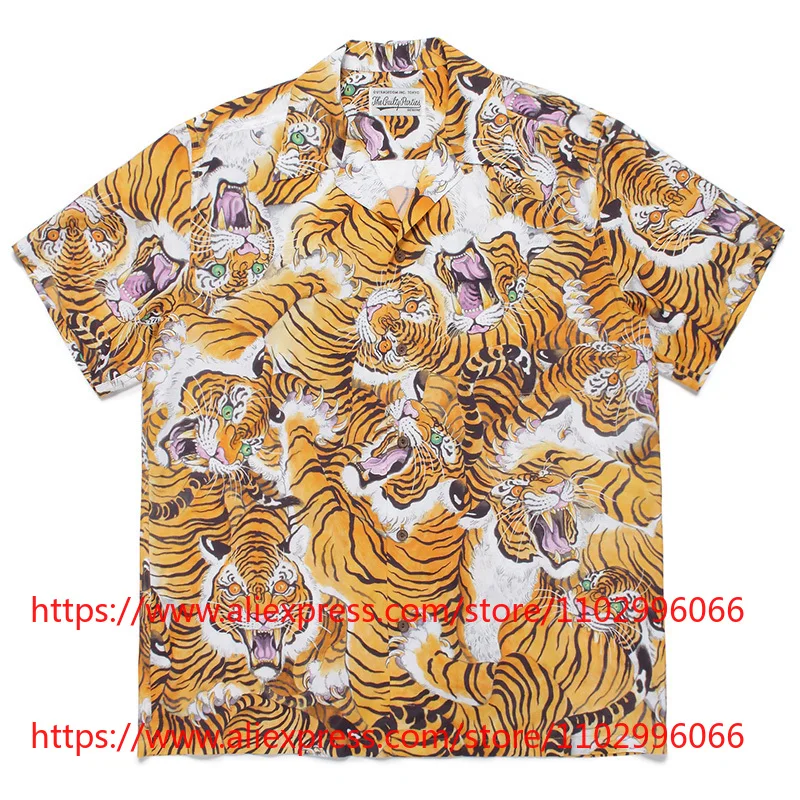 New Arrival WACKO MARIA Men's Tiger Print Short Sleeve Button Up Casual Hawaiian Camp Collar Shirt Loose Casual Fast Delivery