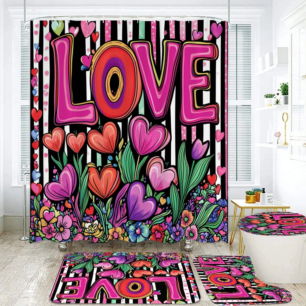 Flower Pattern Bathroom Curtain Cosmetics Perfume Print Shower Curtains Bath Mats Pedestal Rugs Toilet Cover Non-slip Carpet
