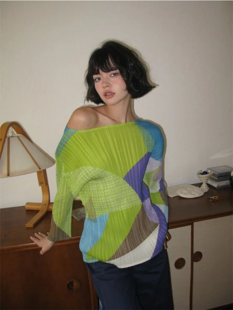 Luxury Design Patchwork Pleated T-Shirts Women Spring Summer Tops Office Lady Outerwear Brand 3/4 Sleeve Tees Tredny Harajuku