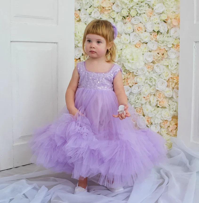 

2024 New Child Birthday Party Gown Glitter Baby Girl Cake Dress Puff Big bow Flower Girls Dress First Gown for Celebration