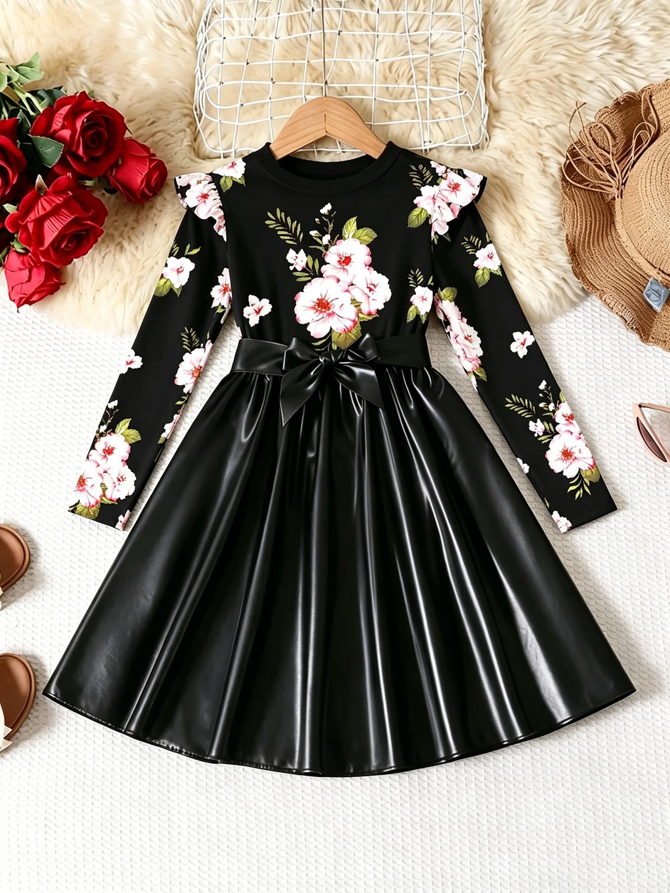 Children's Casual round Neck Dress with Ruffle Edge Long Sleeves Waist Cinching Tie Mid-Length Skirt Flower Print