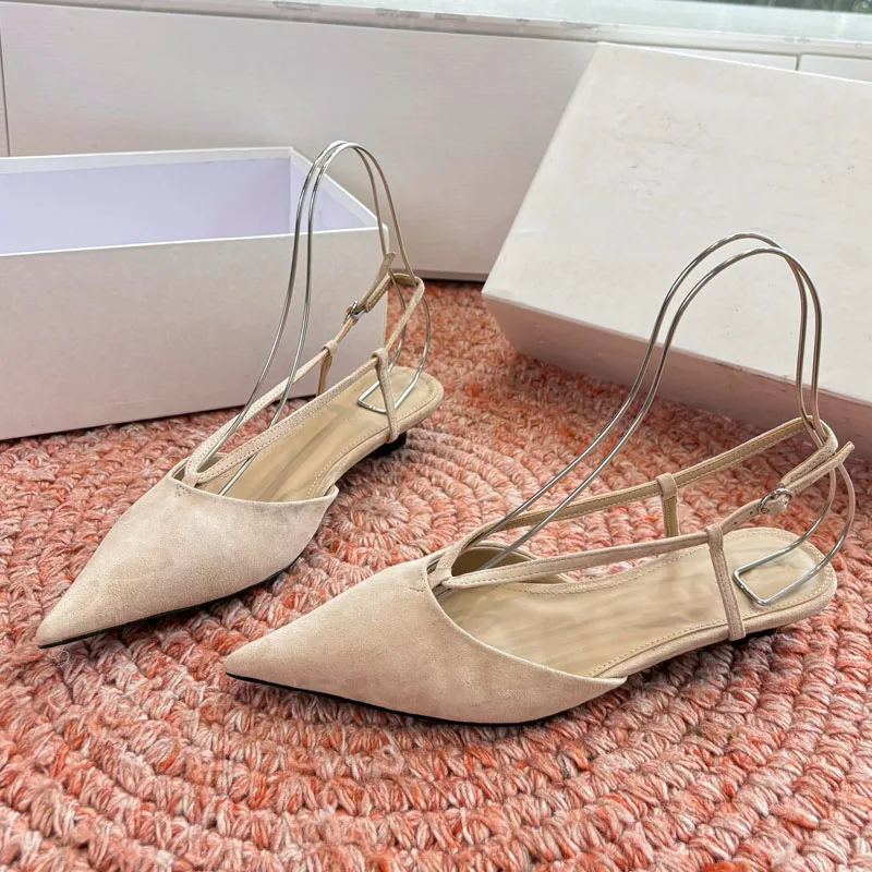 bololia High Quality Women's Sandals Sheepskin Suede Genuine Leather Sole Pointed-Toe Back Strap Low Heel Fashion Shoes