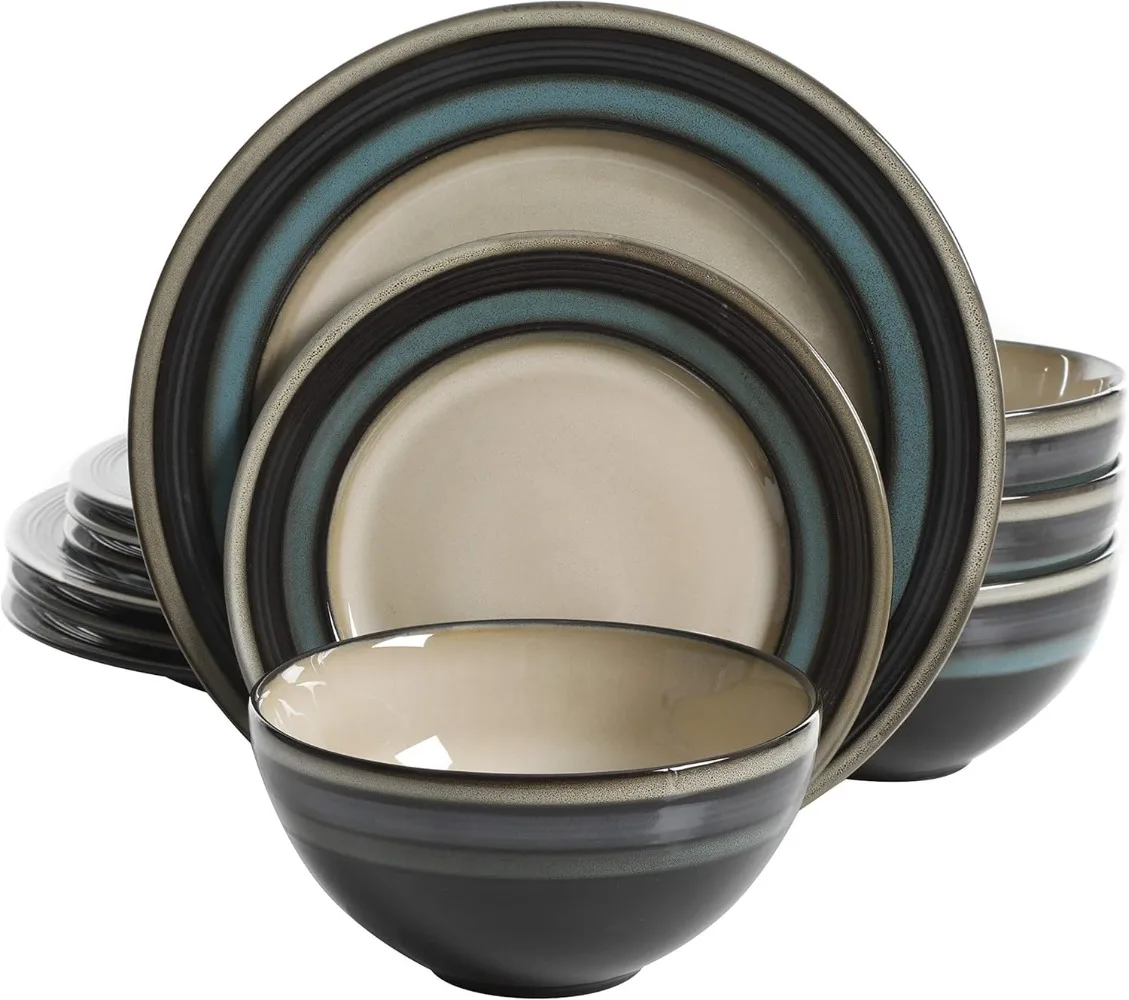 

Gibson Elite 116870.12R Everston Reactive Glaze Dinnerware Set, Teal and Cream, Service for Four (12pcs)