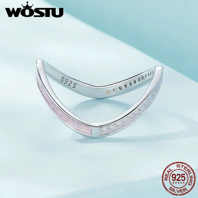 WOSTU Pink Blue Double V Shape Stackable Ring For Women 925 Sterling Silver Simple Opal Drip Oil Rings Smooth Slim Knuckle Rings