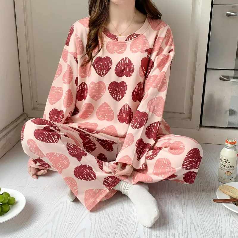 

2024 New Pajamas Women's Spring Autumn Sweet Cute Long-Sleeved Home Wear Casual Suit Round Collar Loose Female Sleepwear Set