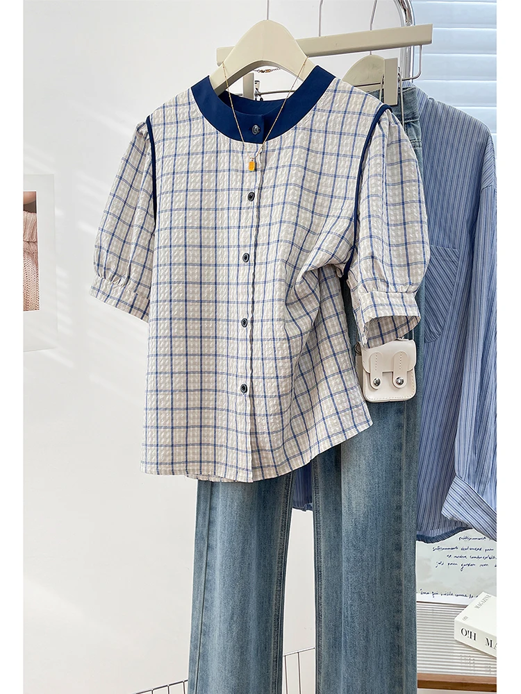 

Retro Hong Kong Sle Plaid Doll Collar irt Loose plus Size Bubble Sve Women's Top Casual Classic Cotton Summer Faion