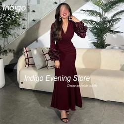 Indigo Mermaid Evening Dress 2025 V-Neck Long Sleeve Ankle-Length Women Prom Gown Formal Occasion Dress فساتين السهرة Customized