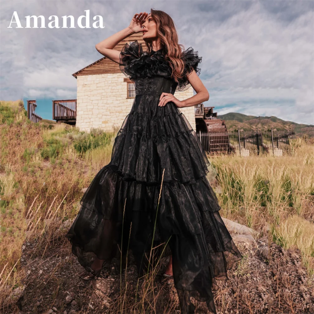 Amanda Gothic Black Edge Curl Prom Dress Organza Multilayer فساتين السهرة Sexy Embroidered Ball A-line Vestidos De Noche