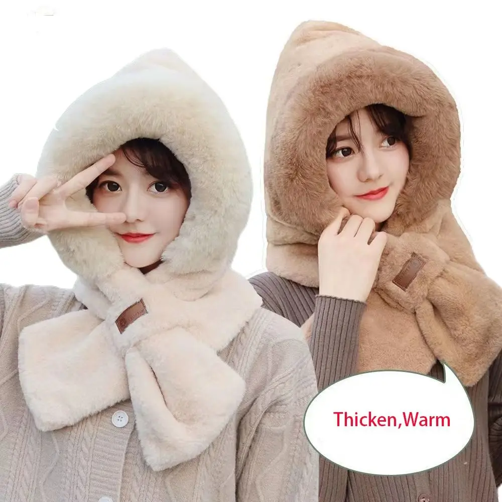 Winter Windproof Integrated Cap Scarf Plush Warm Ear Protection Cap Thickening Casual Neck Warmer for Women