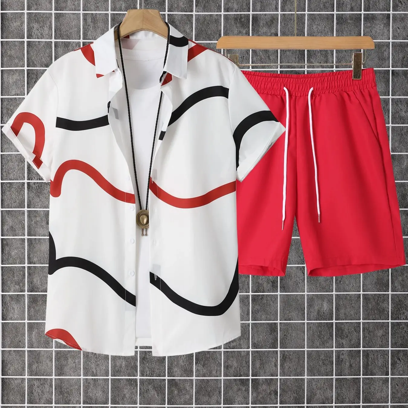 

Мужская рубашка на пуговицах с короткими рукавами, 2 шт., с лацканами и принтом, в сочетании с брюками на шнурке, модная, повседневная.