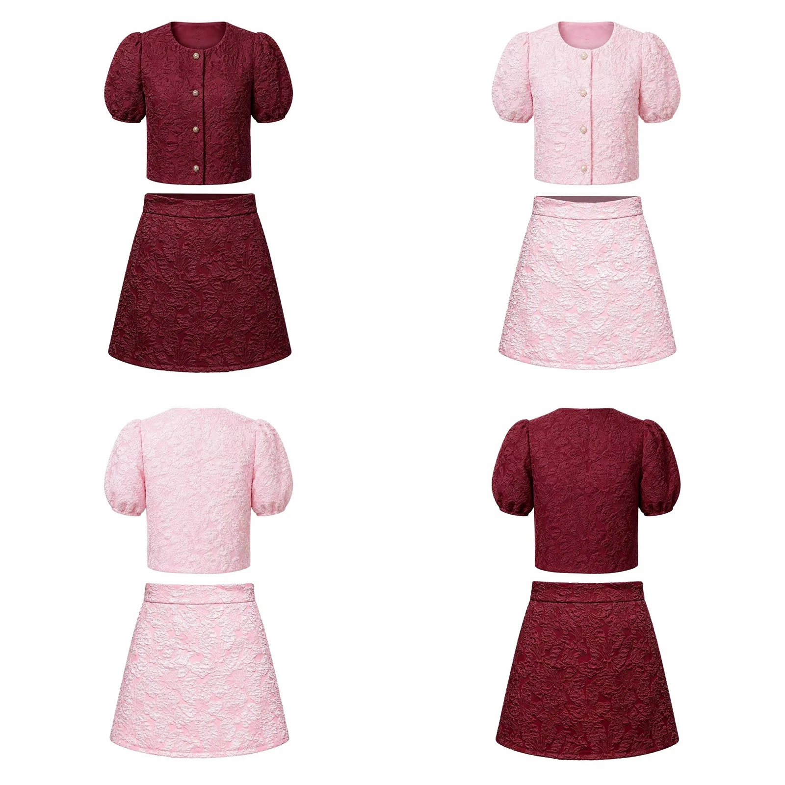 Kids Girls Birthday Party Sets Jacquard Dance Outfit Short Puff Sleeve Button Top with Skirt for Wedding Christmas Ceremony