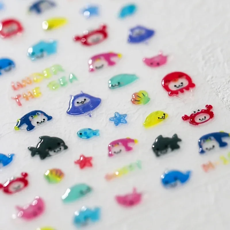 Lovely Cartoon Jellyfish Whale Shark Starfish Shells 5D Jelly Self Adhesive Nail Art Stickers Cute Manicure Decals Wholesale