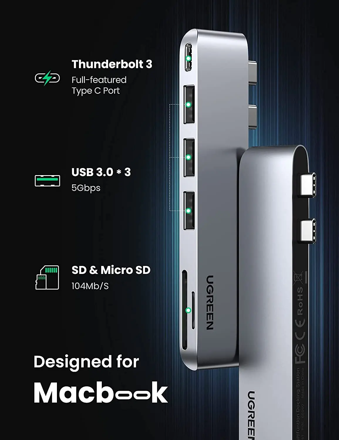 UGREEN USB C Adapter for MacBook Thunderbolt 3 Hub with 3 USB 3.0 100W USB C Power Delivery Micro SD SD Card Reader