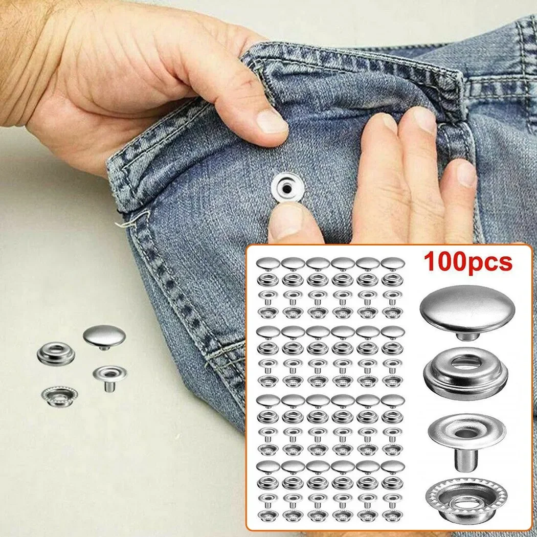 100x 15mm Stainless Steel Fastener Snap Press Stud Cap Button Marine Boat Canvas Leather Craft, Canvas, Jeans, PVC, Mesh Covers