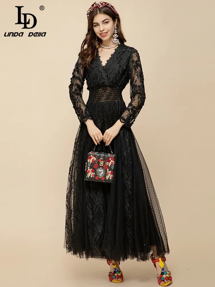 LD LINDA DELLA Fashion Runway Spring Long Dress Women's V-Neck Lace Long sleeve High Waist Black Mesh Vintage Party Dress