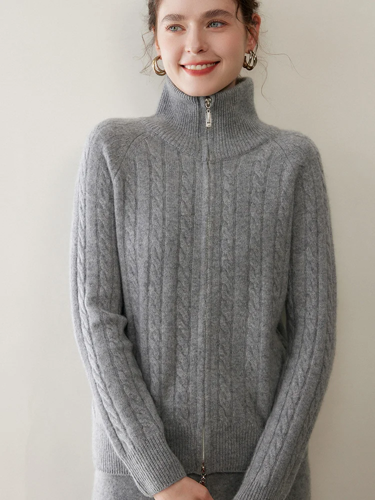 Sweter damski LOML ze 100% kaszmiru, rozpinany na podwójny zamek, golf, gruby sweter-płaszcz, miękki, dzianinowy w warkocze, wygodny top na jesień i zimę.