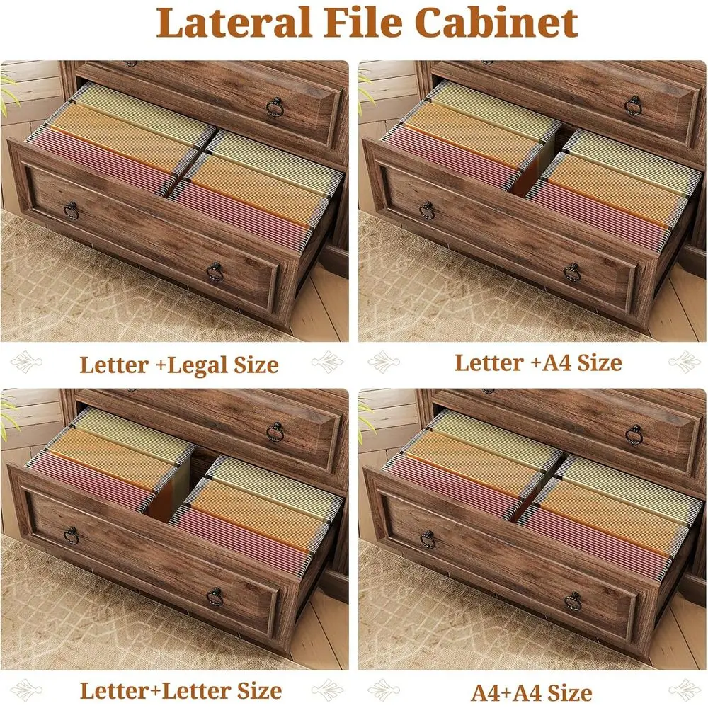 프린터 스탠드와 수납 선반이 있는 A4 목재 측면 파일 캐비닛, 브라운