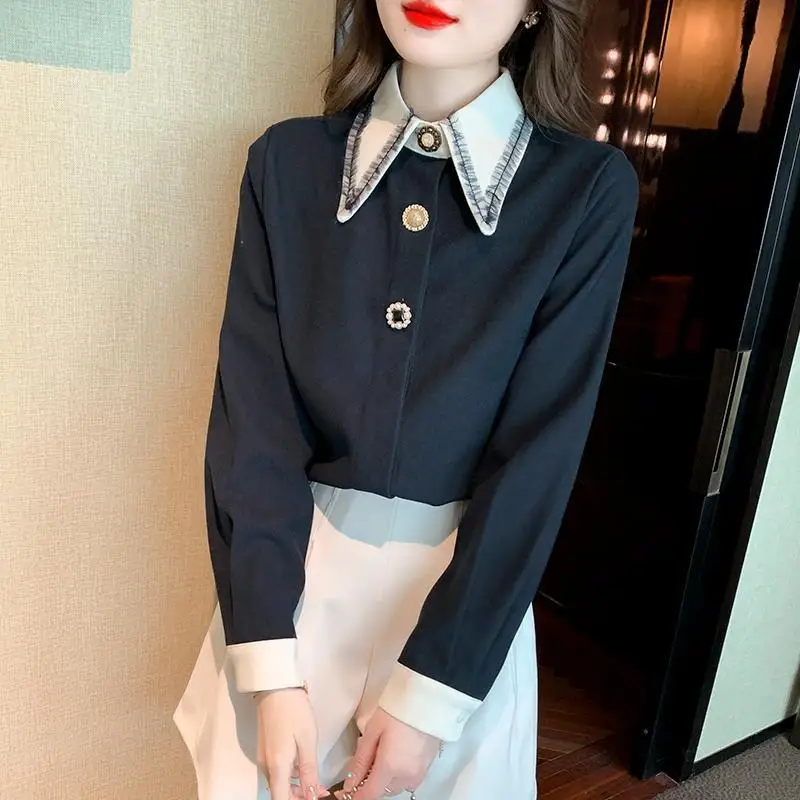 Autumn and winter new fashionable temperament pointed collar long sleeved loose shirt women's high-end design sense niche top