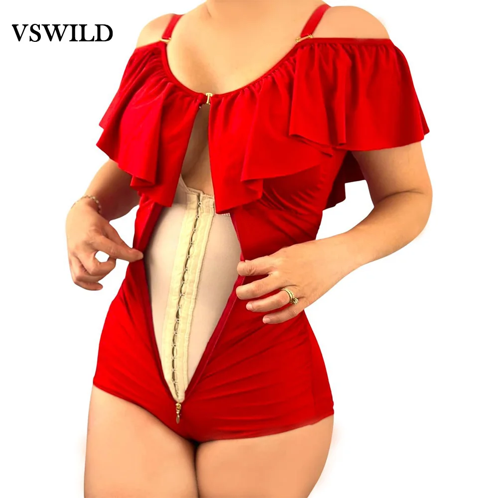 fajas Red Ruffles Tummy Control Triangle Body Hourglass Shaper Compression Shapewear Waist Trainer Hook-eyes Underwear swimsuit