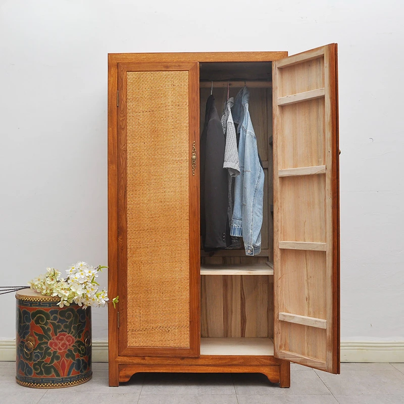 

Camphor wood wardrobe, pure solid wood bedroom, hanging wardrobe, insect-proof, new Chinese homestay, rattan mat, two