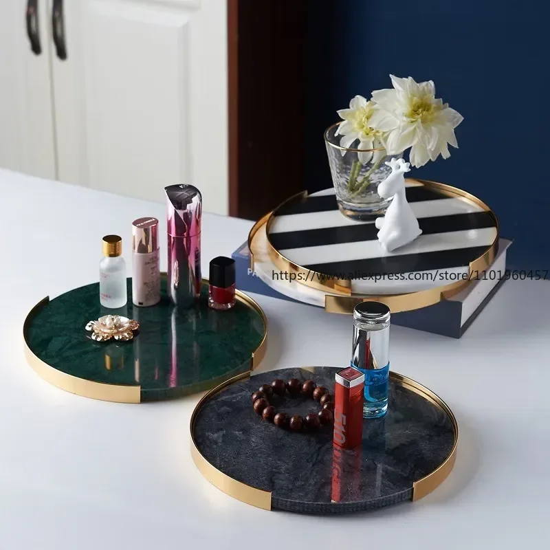Nordic Light Luxury Marble Tray Golden Cosmetics Jewelry Storage Tray Storage Round Desktop Decorations Living Room Decorations