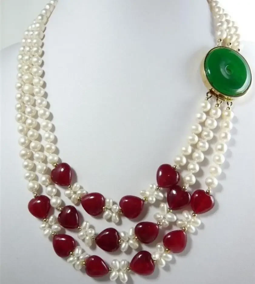 Fine jewelry  Charming 3Row 7-8mm White Freshwater Pearl & Heart-shaped Red Ruby Necklace