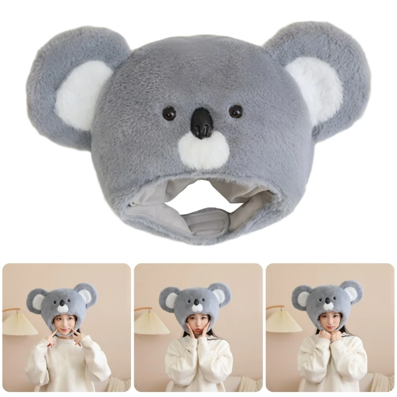 Halloween Koala Furry Hat Headgear Plush Head Cover for Masquerades Halloween Plush Cartoon Hat Headgear