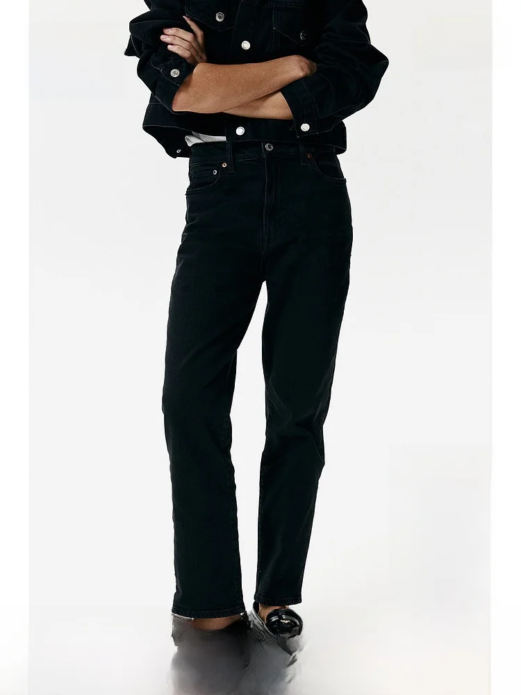 

Джинсы с высокой талией и прямыми штанинами, женские, из денима, эластичные, винтажные, свободного кроя, H&M, осень 2023, смесовая ткань хлопок/полиэстер