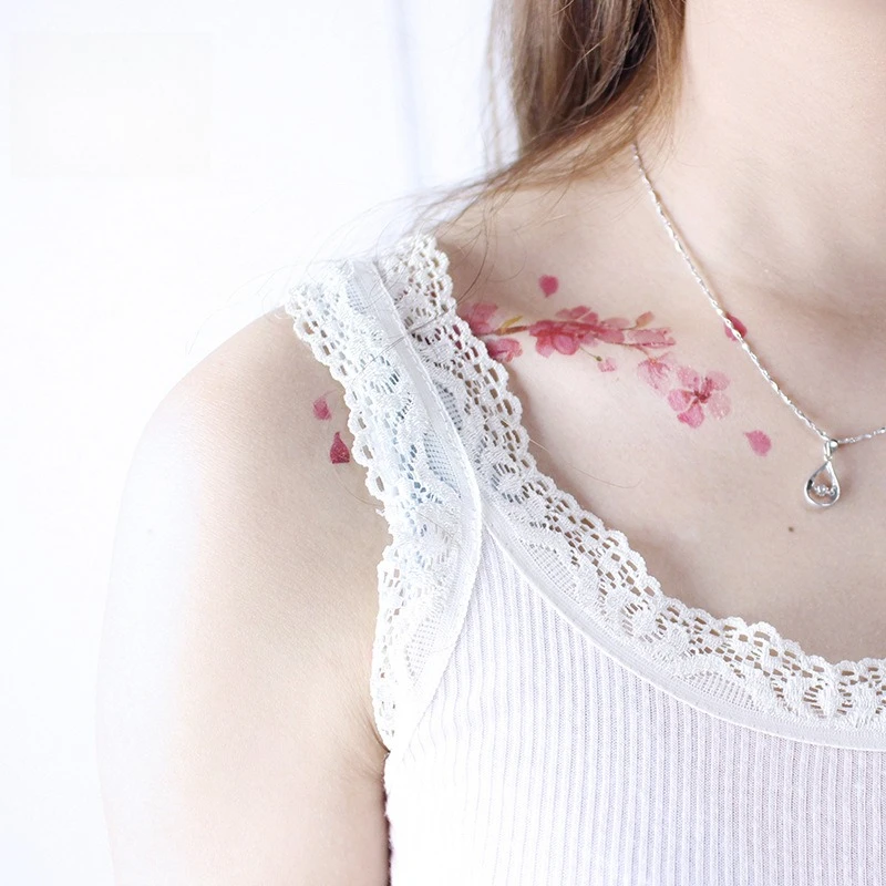 New Cross-border Waterproof Cherry Blossom Collarbone Tattoo Sticker, Goddess's Little Fresh Flower Tattoo Sticker, Ins Tattoo