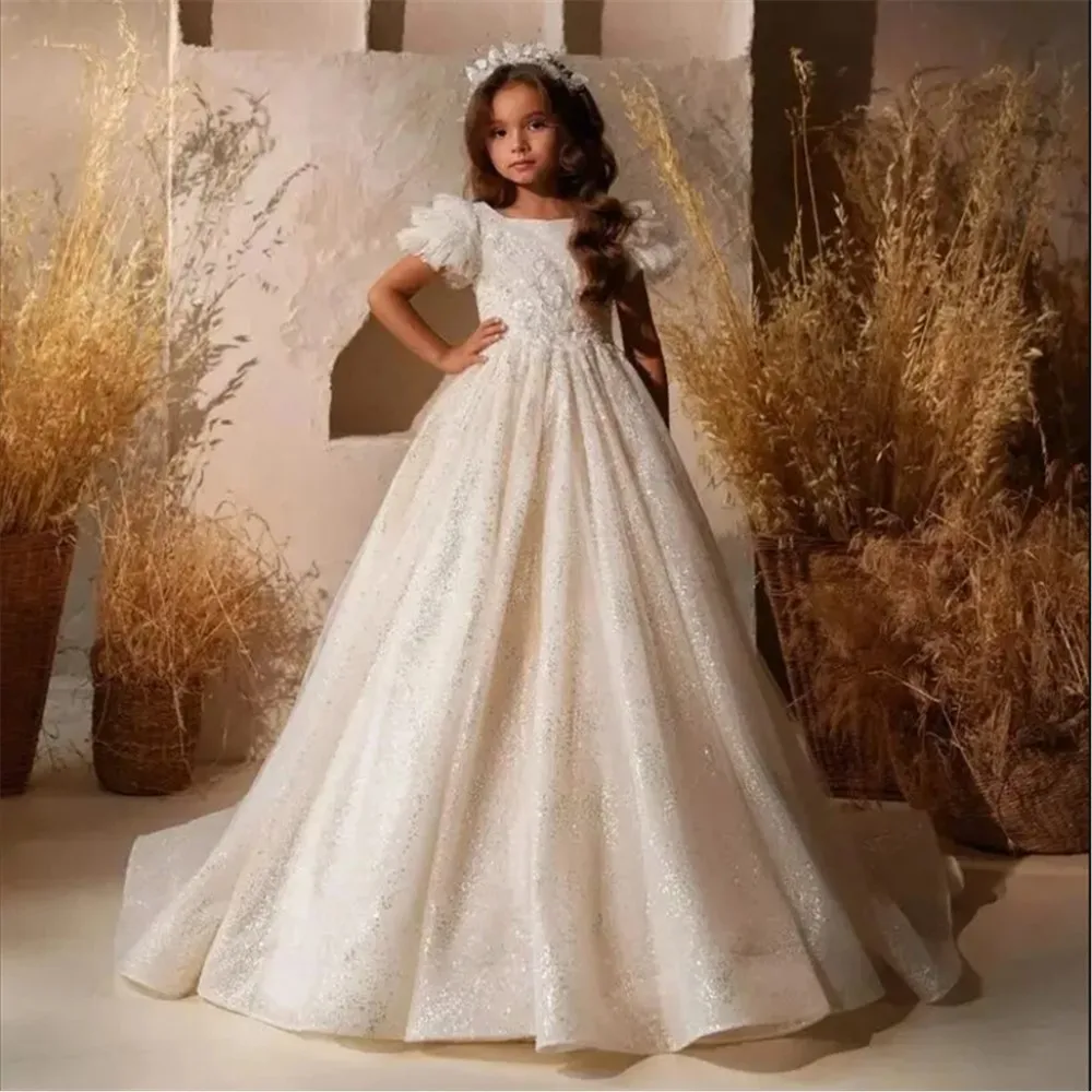 

Shiny Flower Girl Dress For Wedding Sequins Beading Short Sleeve With Bow Child First Communion Birthday Party Dresses
