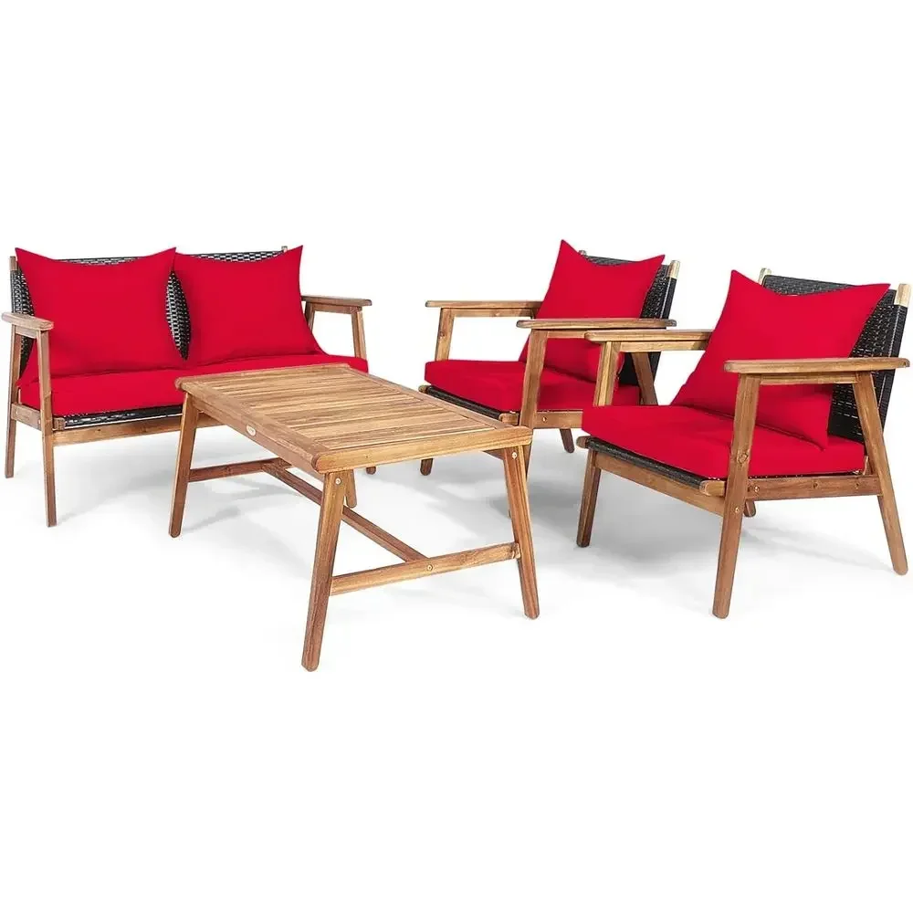 4-Piece Wicker Patio Furniture Set: Outdoor Acacia Wood & Rattan with Chairs, Loveseat, Coffee Table for Garden, Poolside, Balco