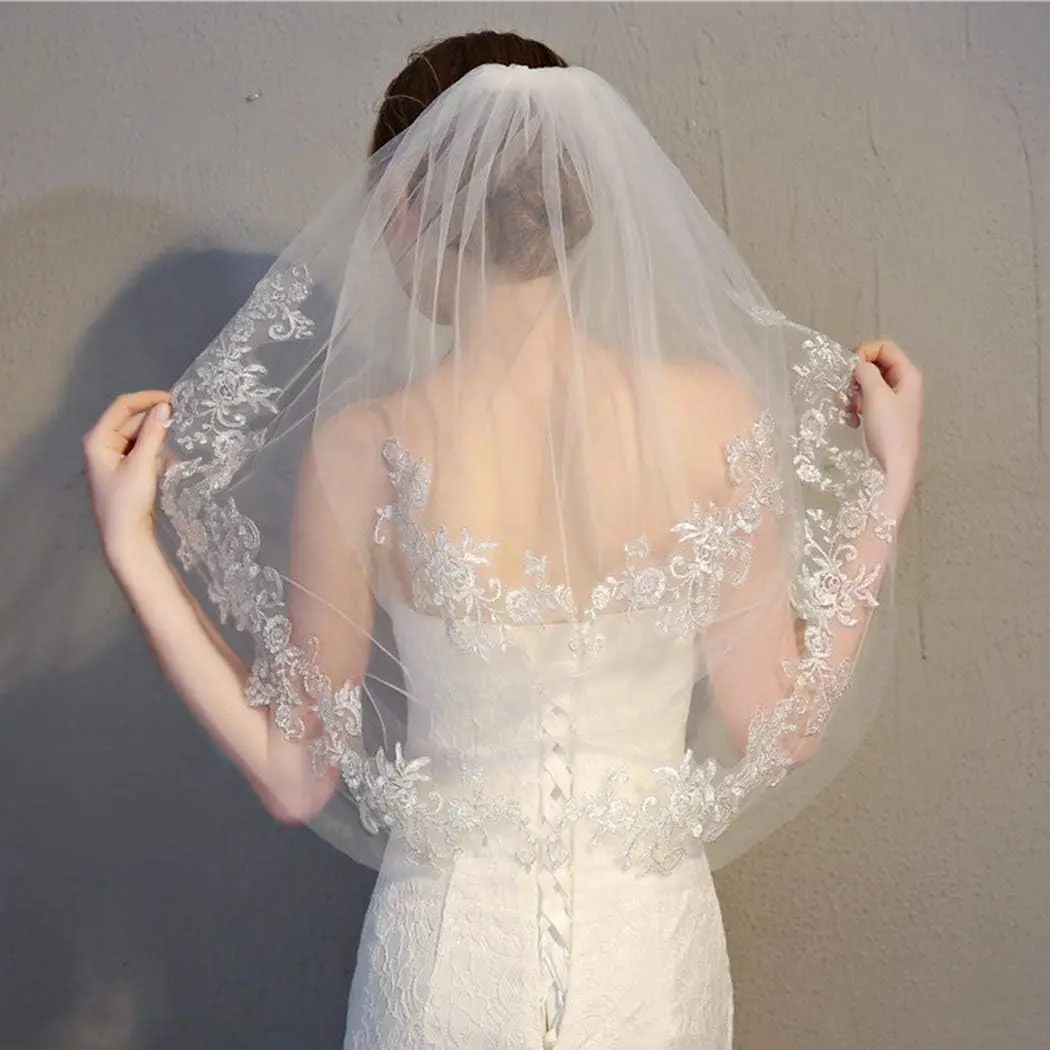 Voile de Mariage en Dentelle, Taille Courte, 2 Niveaux, Tulle Doux, pour Patients avec Peigne