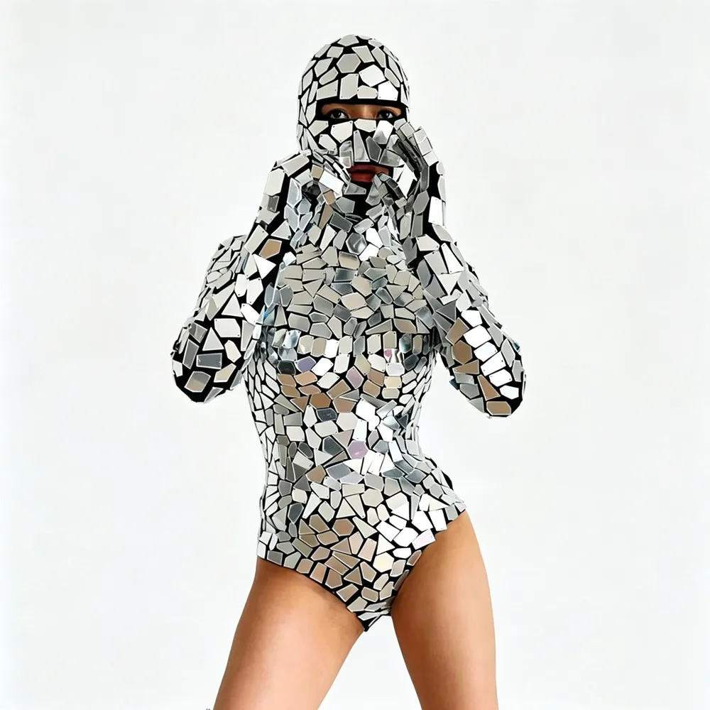 Mirror Bodysuit With Gloves Women Dancer Team Stage Performance Clothes Future Technology Jazz Dance Costume Sequins Leotard
