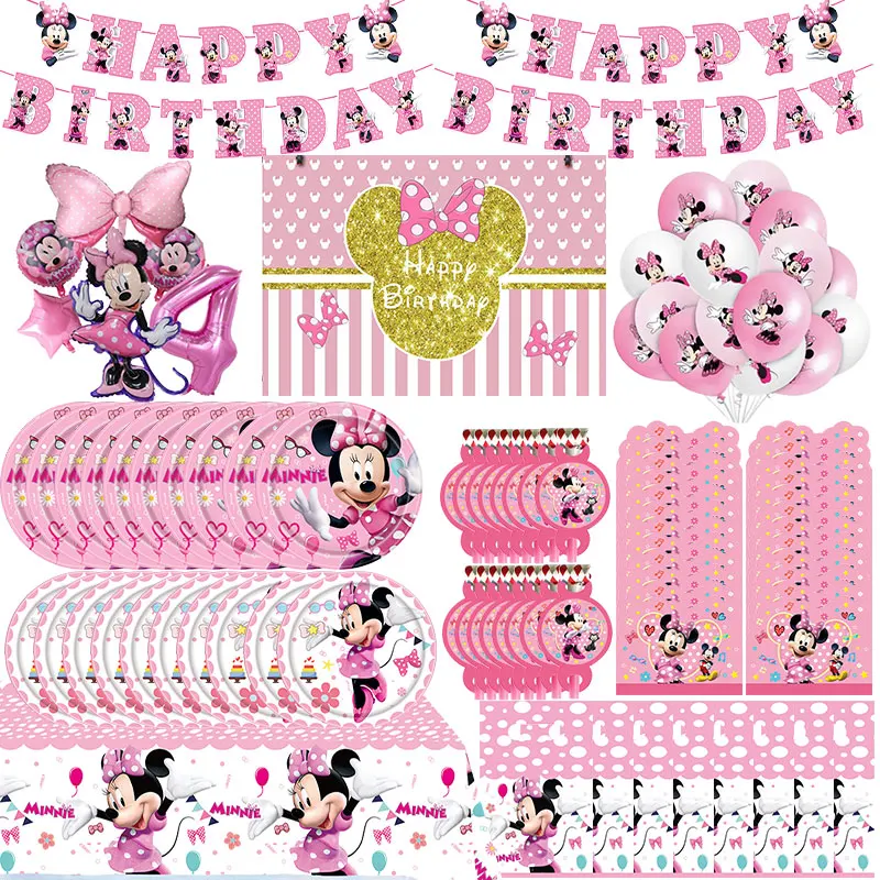 Disney Minnie Mouse Decoration Minnie Mouse Birthday Party Tableware Balloon Cup Plate Banner tablecloth Background Kid Supplies