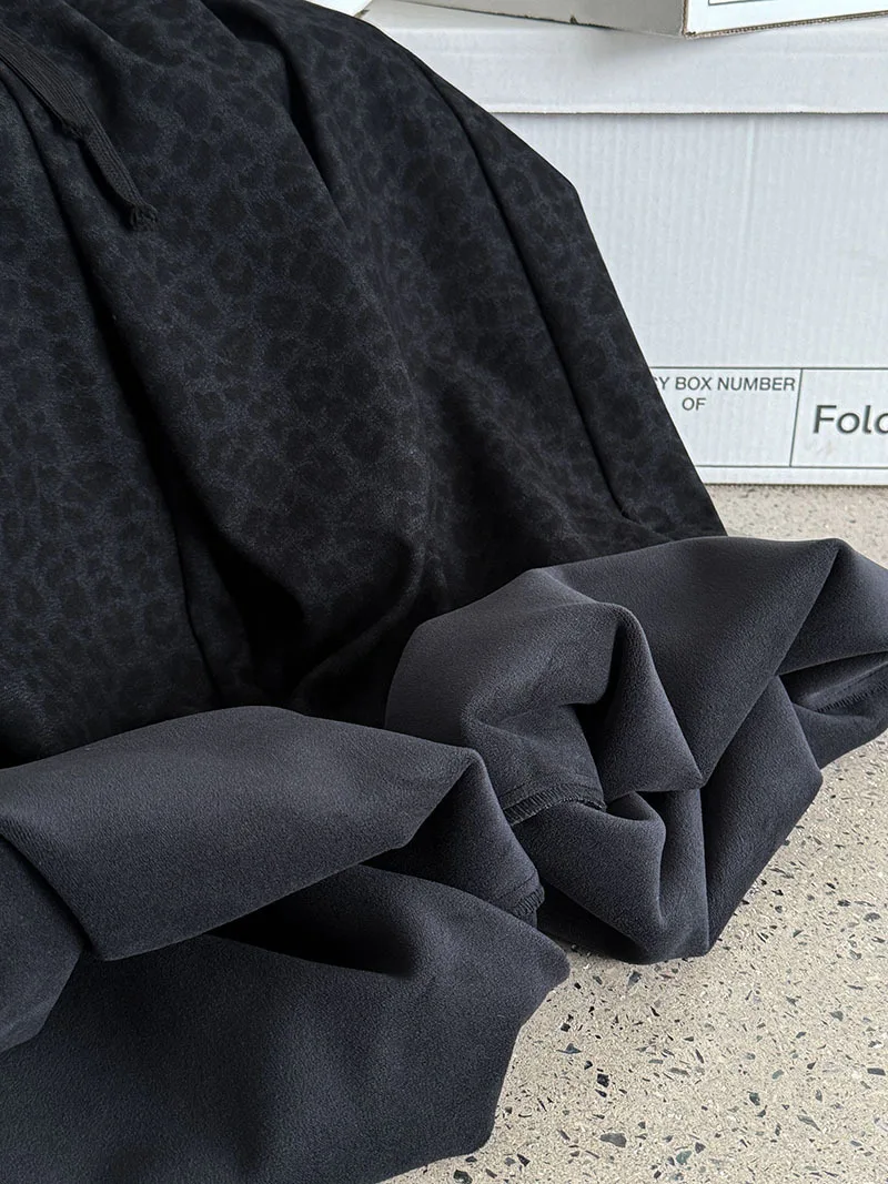 레오파드 프린트 하이웨이스트 와이드 레그 여성용 가을 겨울 두꺼운 기모 캐주얼 롱 팬츠