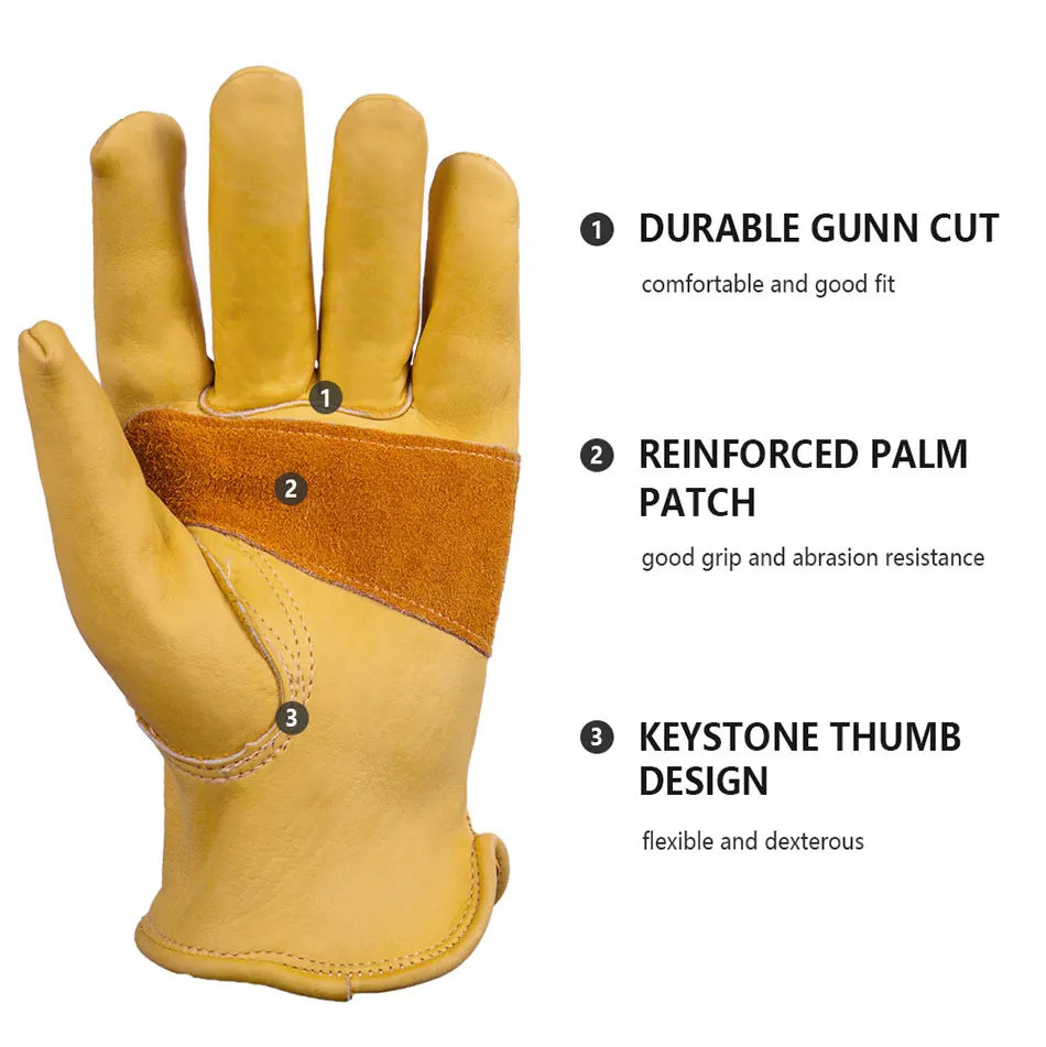 Guantes de trabajo de cuero para hombre, guantes de seguridad de piel de vaca amarilla, resistentes, protectores, para c
