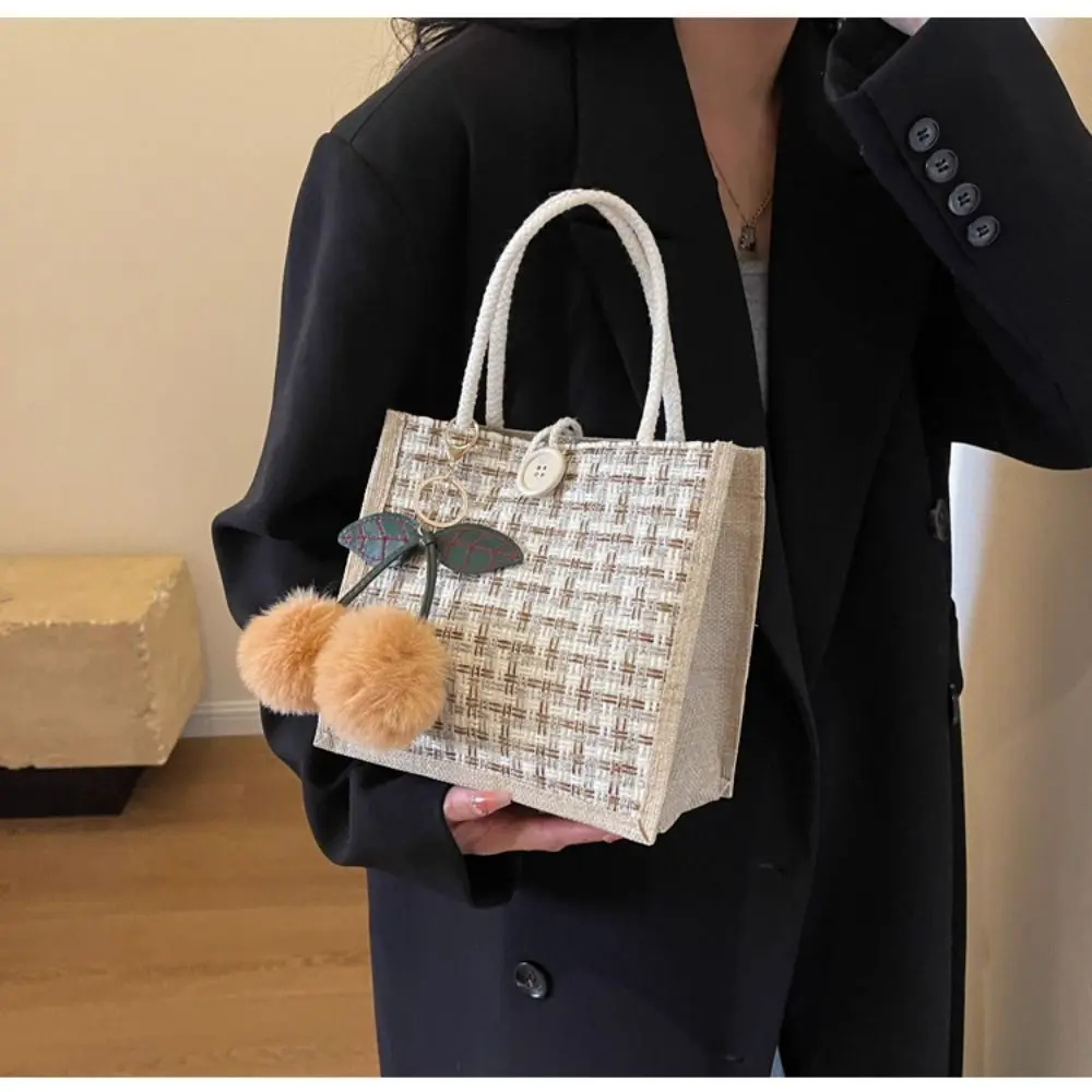 New Linen Canva Tote Handbag Butterfly Print Handmade Lunch Box Portable Casual Retro Storage Bag Shopping Outing