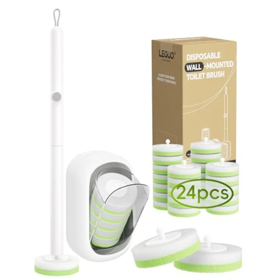 

Wall Mounted Disposable Toilet Brush System with Holder, Toilet Bowl Cleaning Wand with Green Refills and One-Button Release, 1