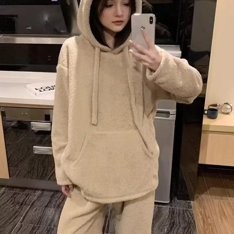 

minimalist Women's pajamas solid color coral fleece winter Pajama fleece-lined thicken loose hooded exercise homewear suit