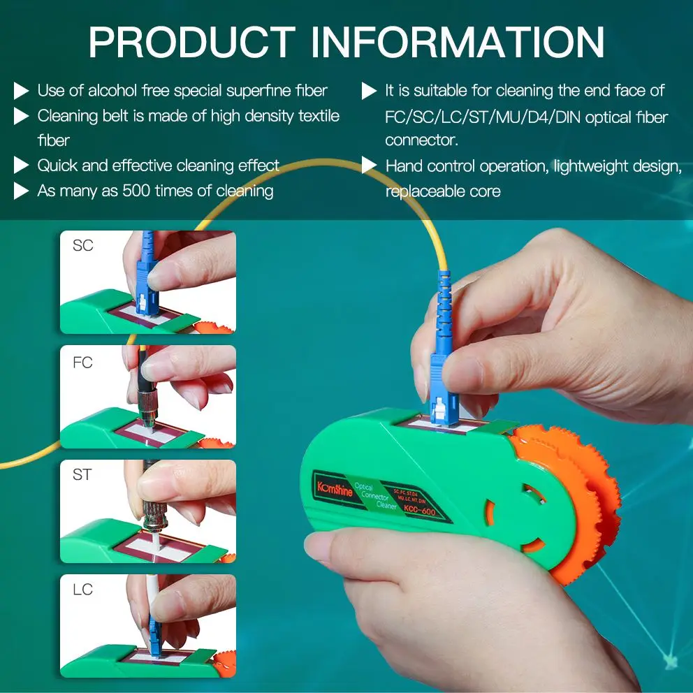 Fiber Optical Connector Cassette Cleaner Komshine KCC-600  500 Times Option Replaceable Belt Core Clean FC SC ST D4 MU LC MT DIN