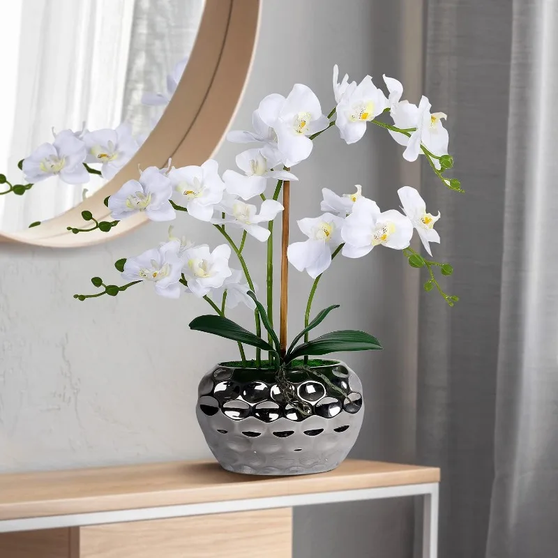 White Orchid Arrangement in Silver Vase Fake Orchids Arrangements Centerpiece Silk Orchid Artificial Orchid Flowers Faux Flower