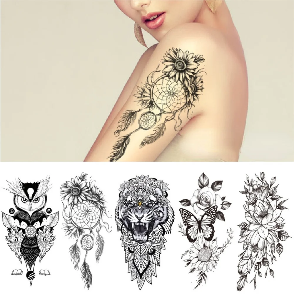 

Waterproof Temporary Tattoo Stickers Black and White Flower Tatto Sticker Plain Flower Owl Tatoo Stickers Body Art Fake Tattoos