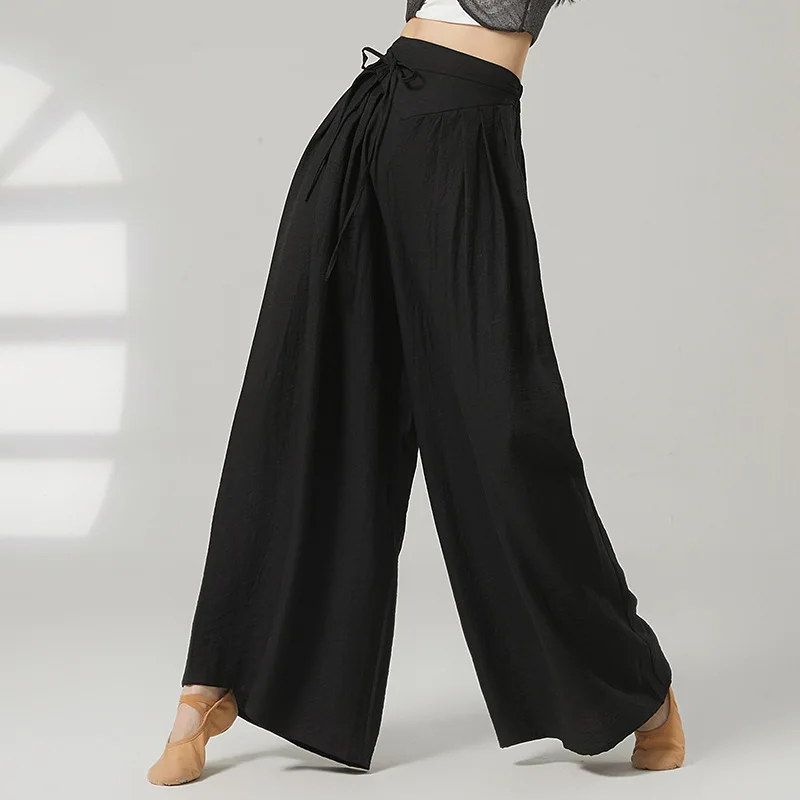 

Женские хлопковые и льняные широкие танцевальные брюки, свободная струящаяся драпировка для современного классического китайского танца, тренировки тела