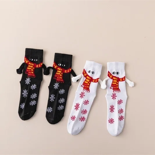 Cute Black And White Holding Hands Smile Middle Tube Mouth Magnetic Suction Couple Socks Funny Harajuku Versatile Fashion Socks
