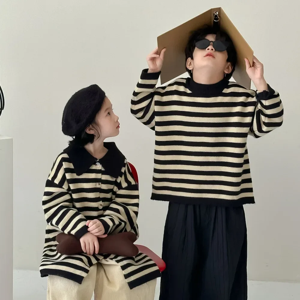 Sweater Autumn Boy Girls Children Clothing Korean Stripe Sweater Children Flip Collar Causal Loose Simple Round Collar 2024